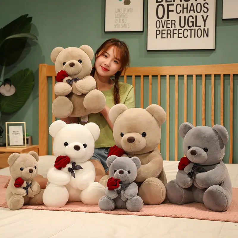 23-45cm New Lovely Hug Roses Teddy Bear Plush Pillow Stuffed Soft Animal Dolls Nice Birthday Gift Girlfriend Valentine&