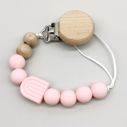 Infant Solid Color Rainbow Baby Pacifier Clip Beech Beads Silicone Bite Molar Drop-Preventing Chain
