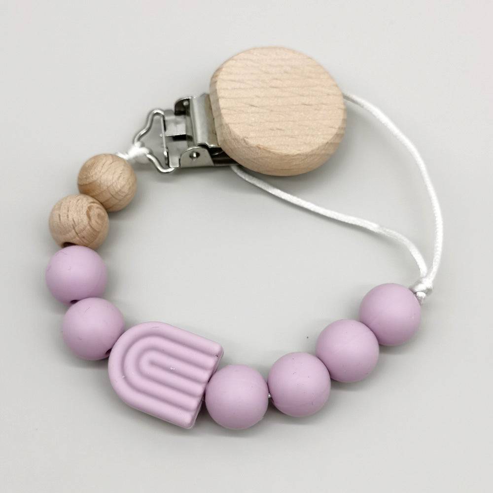 Infant Solid Color Rainbow Baby Pacifier Clip Beech Beads Silicone Bite Molar Drop-Preventing Chain