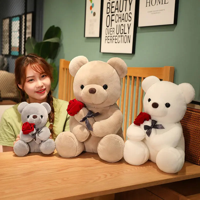 23-45cm New Lovely Hug Roses Teddy Bear Plush Pillow Stuffed Soft Animal Dolls Nice Birthday Gift Girlfriend Valentine&
