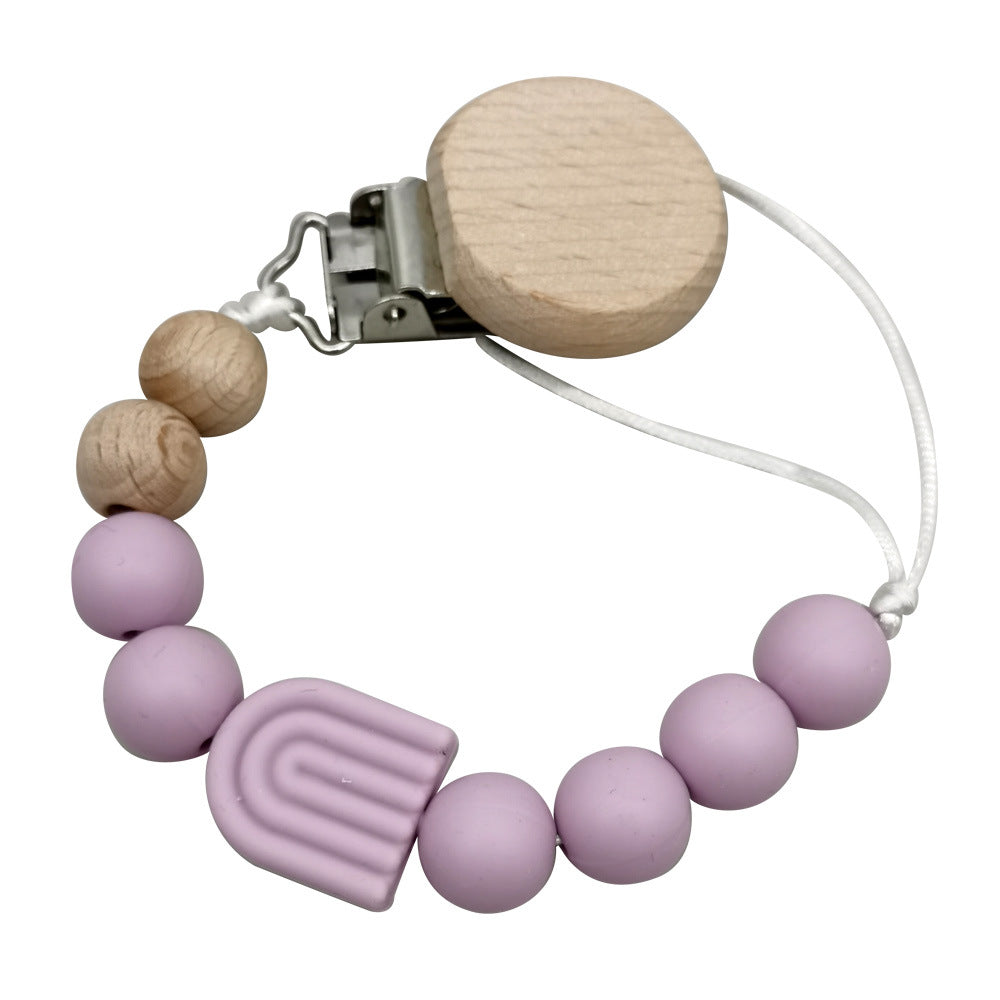 Infant Solid Color Rainbow Baby Pacifier Clip Beech Beads Silicone Bite Molar Drop-Preventing Chain
